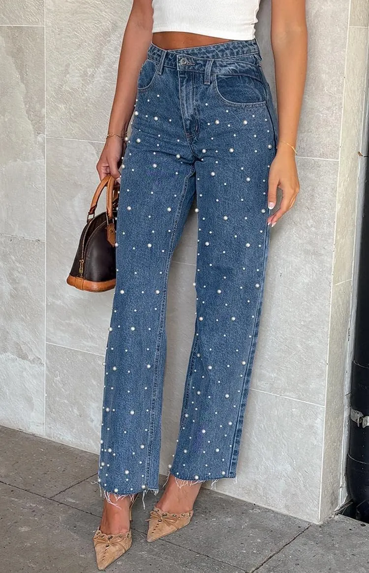 Women's Pearl Jeans Trendy High Waisted Denim Pants Straight Leg Casual Denim Pants Trousers Y2K 2025