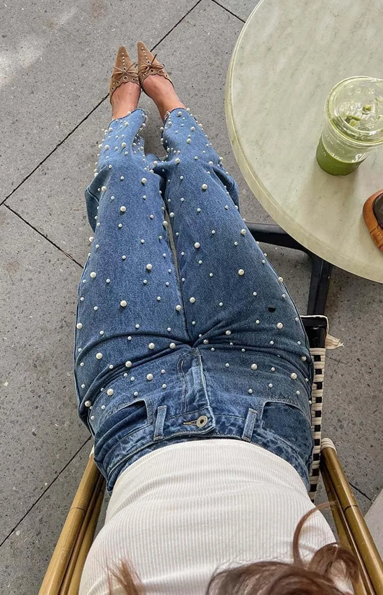 Women's Pearl Jeans Trendy High Waisted Denim Pants Straight Leg Casual Denim Pants Trousers Y2K 2025