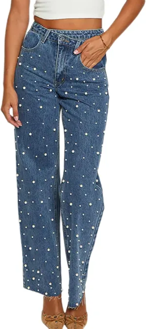 Women's Pearl Jeans Trendy High Waisted Denim Pants Straight Leg Casual Denim Pants Trousers Y2K 2025