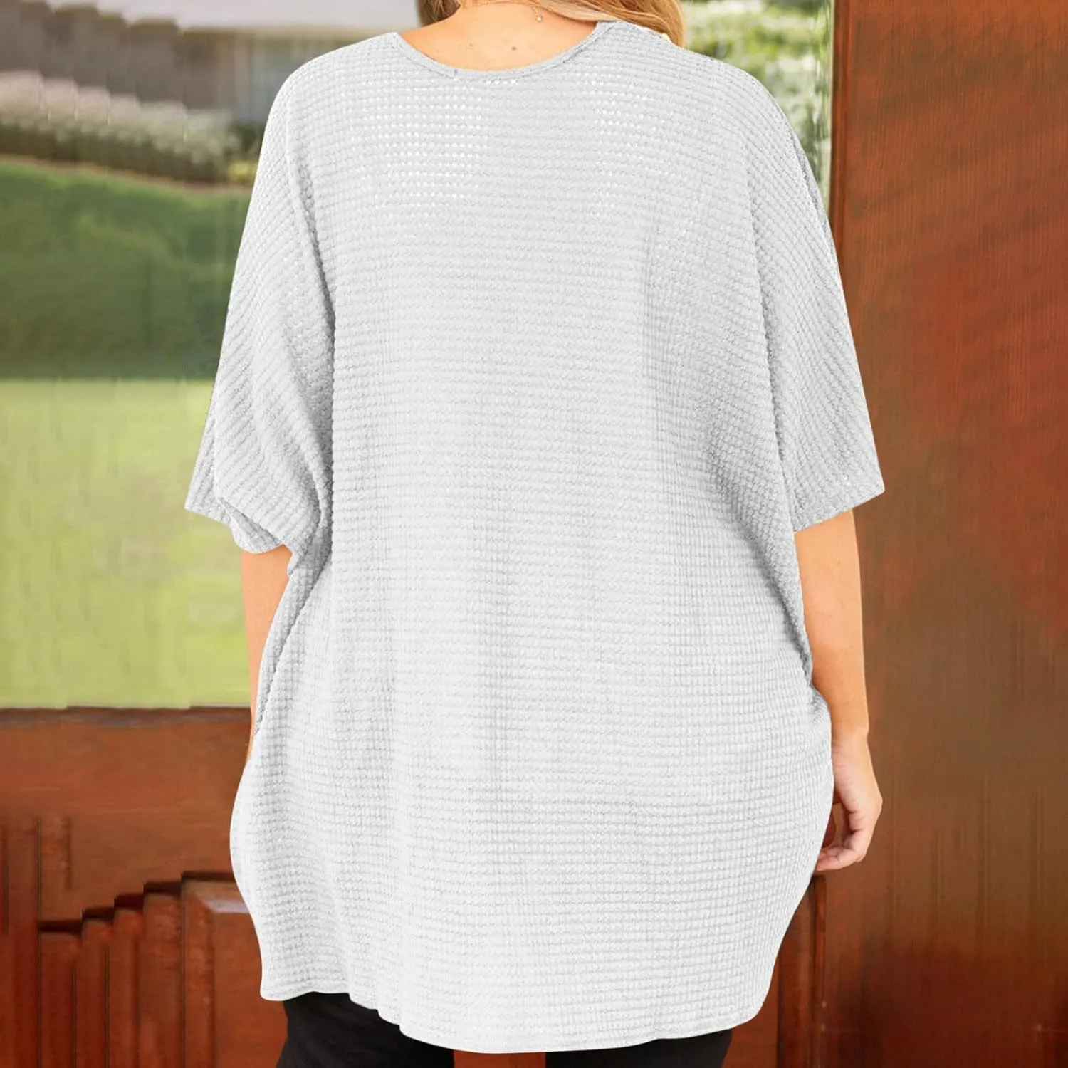 Women's Plus Size Waffle Cardigan Summer Fashion Lightweight Short Sleeve Open Front Cardigans Beach Cover Up