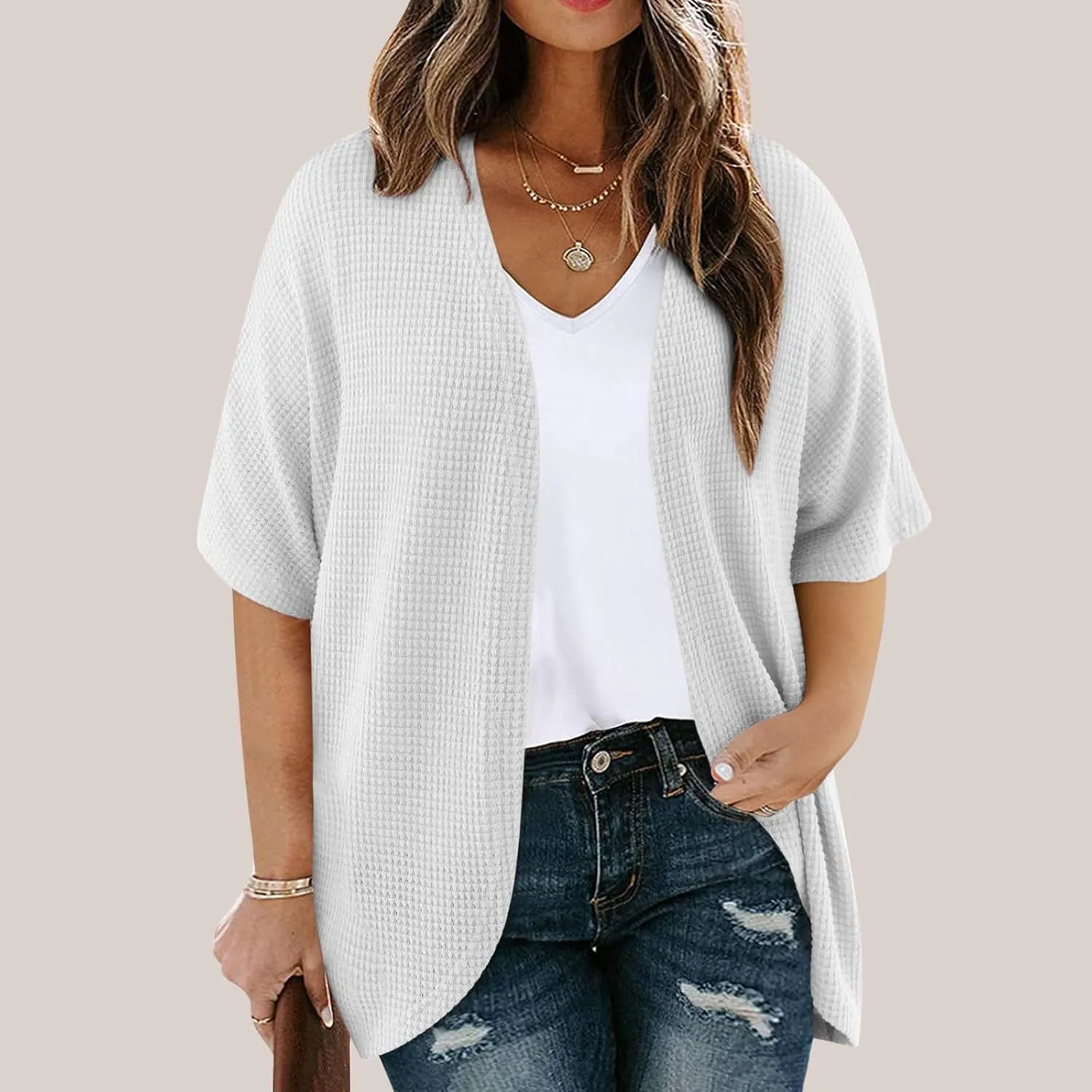 Women's Plus Size Waffle Cardigan Summer Fashion Lightweight Short Sleeve Open Front Cardigans Beach Cover Up