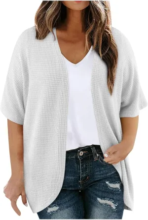 Women's Plus Size Waffle Cardigan Summer Fashion Lightweight Short Sleeve Open Front Cardigans Beach Cover Up
