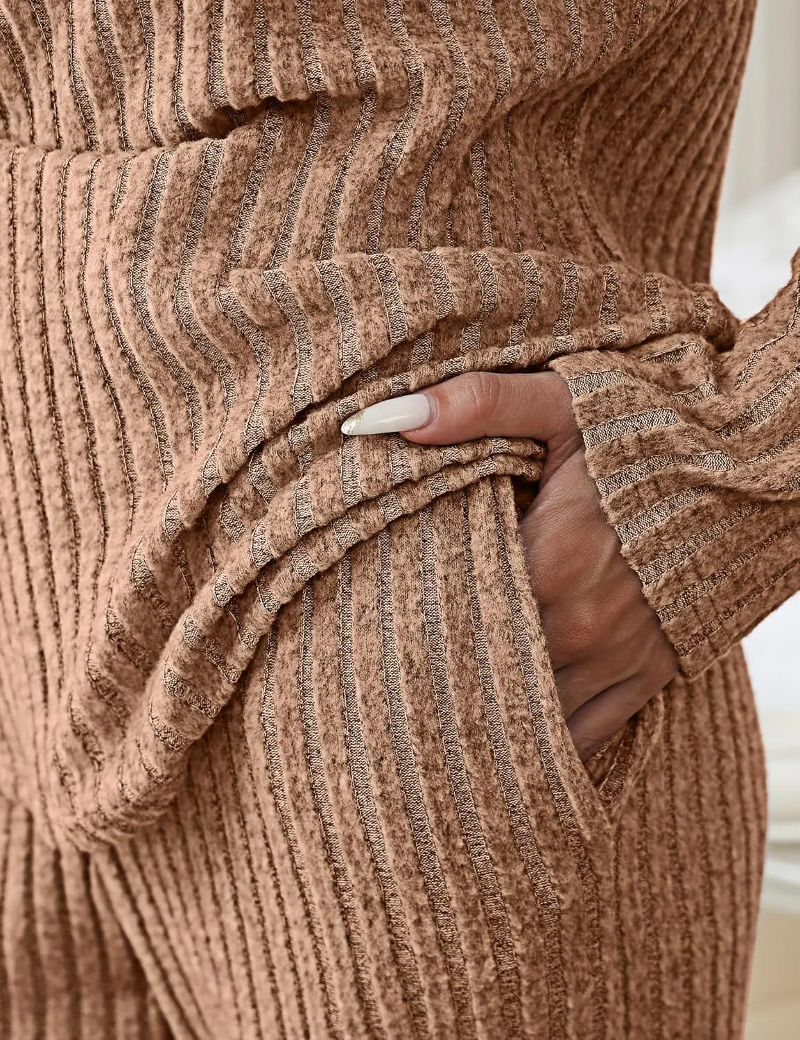 Women's Ribbed Knit Pajama Set Long Sleeve 2 Piece Loungewear Outfits Soft Pj Clothing Set with Pockets