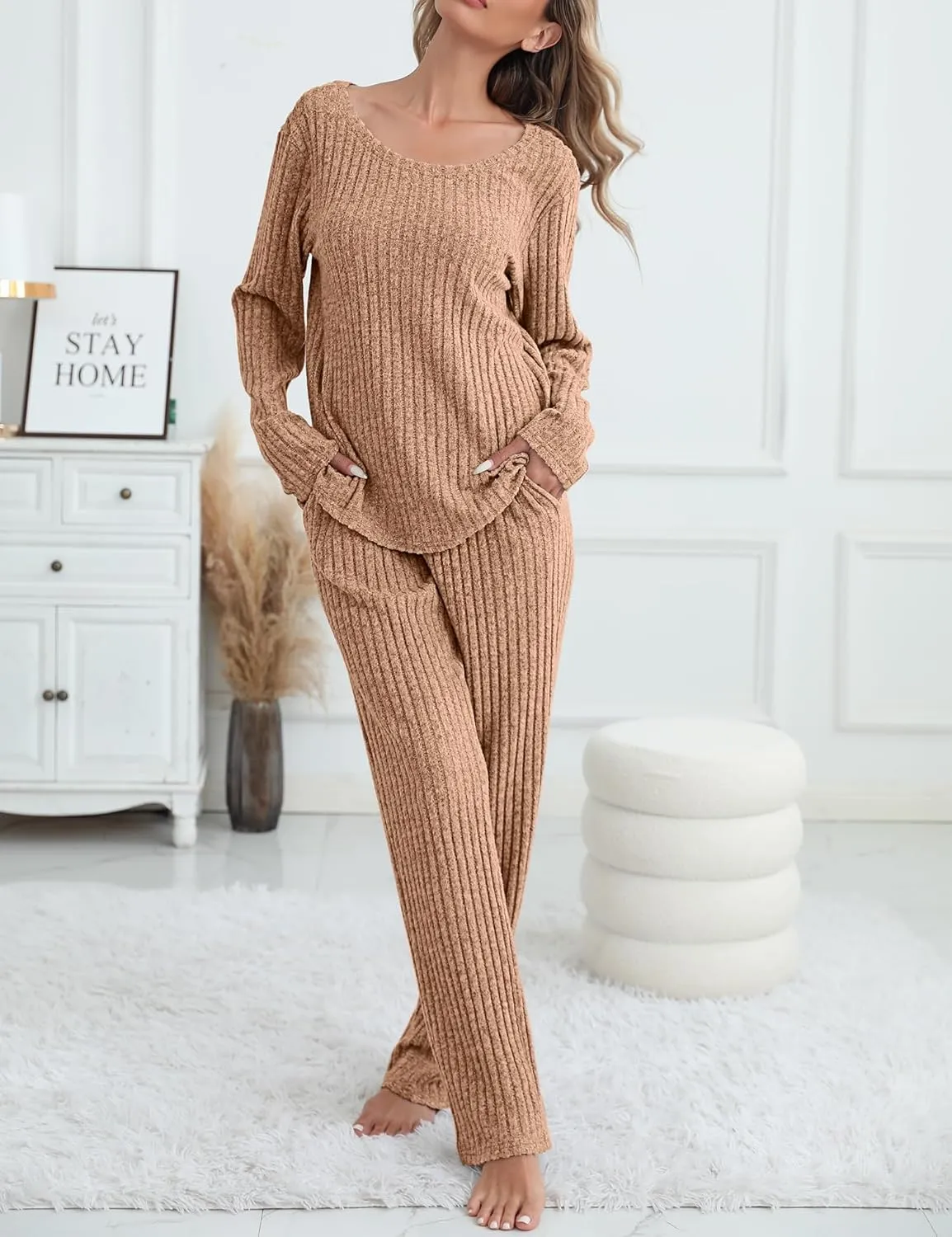Women's Ribbed Knit Pajama Set Long Sleeve 2 Piece Loungewear Outfits Soft Pj Clothing Set with Pockets