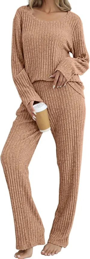 Women's Ribbed Knit Pajama Set Long Sleeve 2 Piece Loungewear Outfits Soft Pj Clothing Set with Pockets