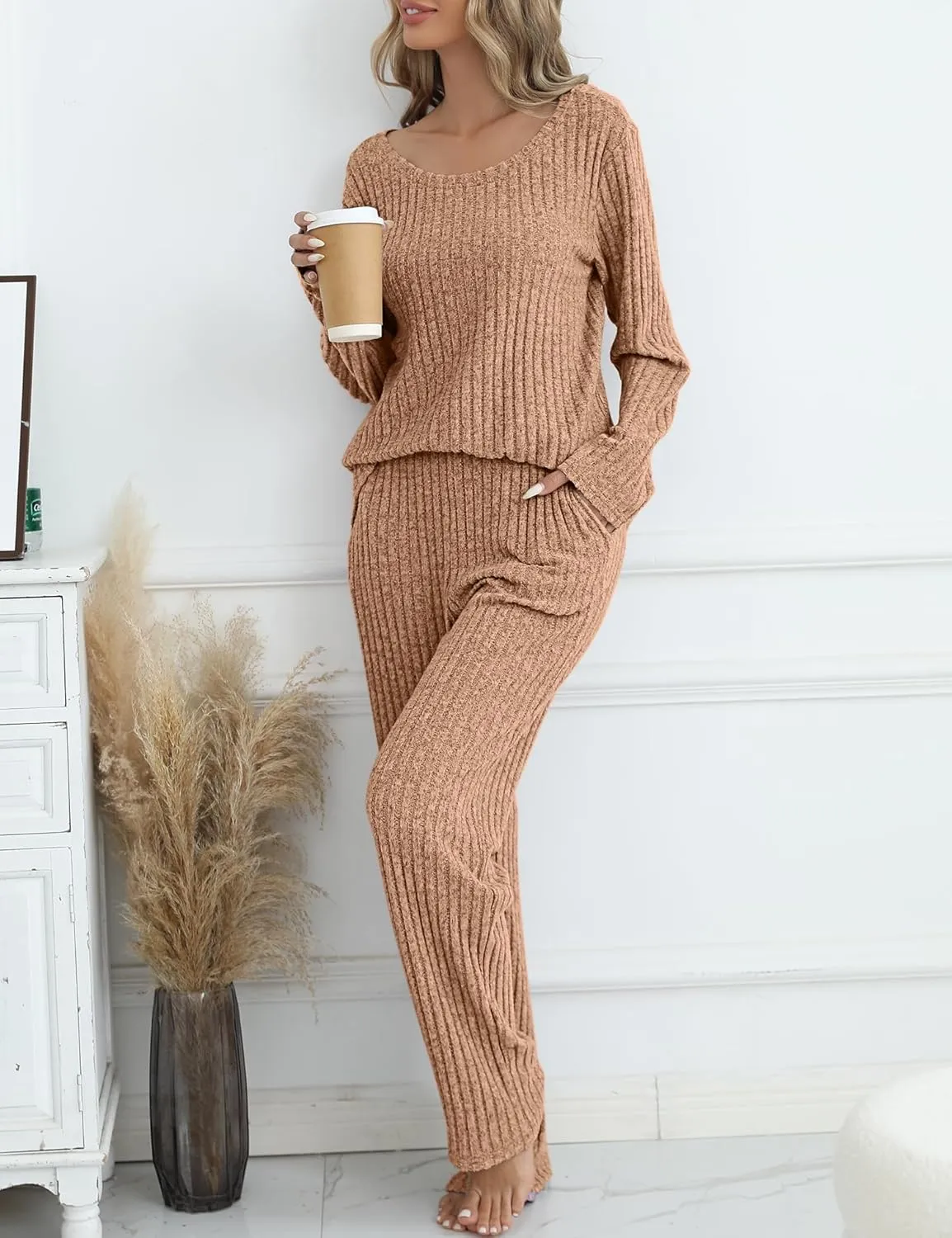 Women's Ribbed Knit Pajama Set Long Sleeve 2 Piece Loungewear Outfits Soft Pj Clothing Set with Pockets