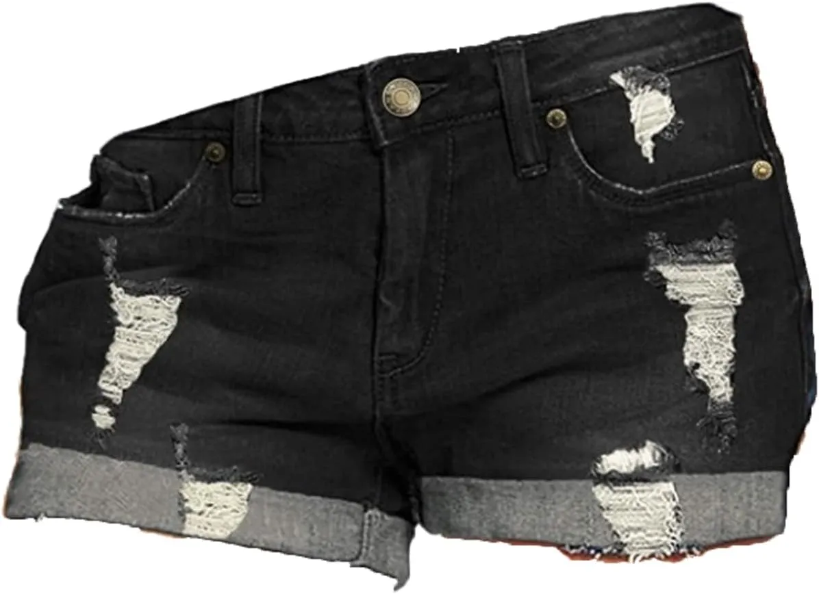 Women's Ripped Denim Jean Shorts Rolled Hem Distressed Jeans High Waisted Stretchy Folded Hem Short Jeans