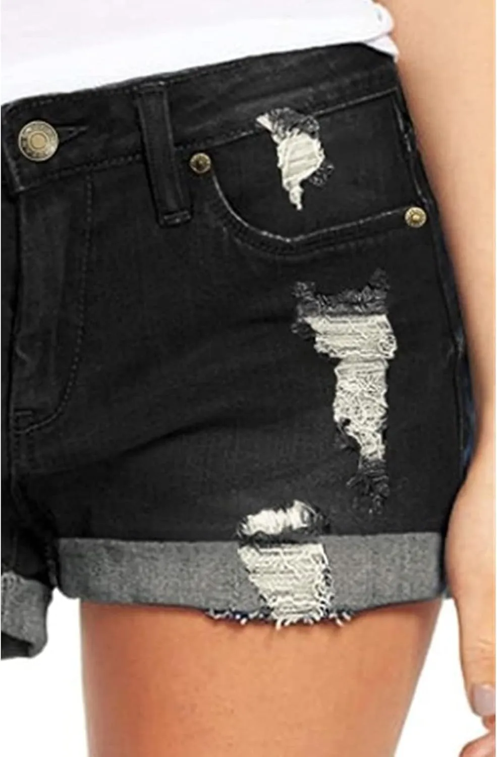 Women's Ripped Denim Jean Shorts Rolled Hem Distressed Jeans High Waisted Stretchy Folded Hem Short Jeans