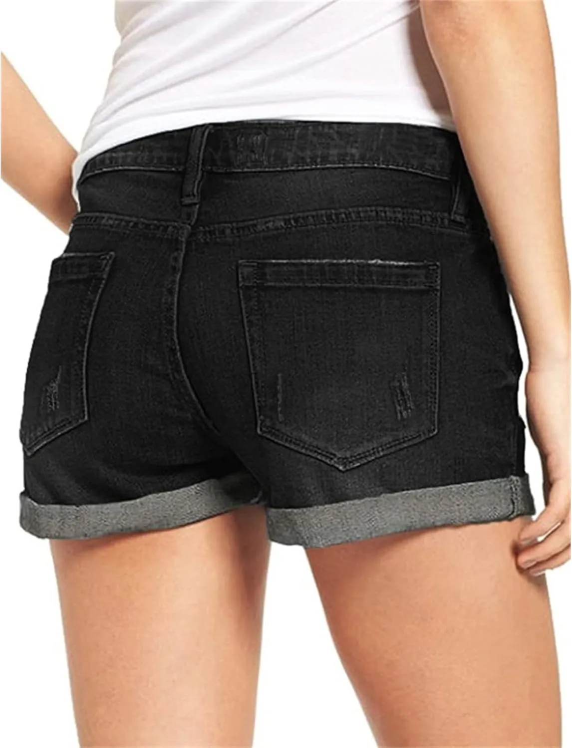 Women's Ripped Denim Jean Shorts Rolled Hem Distressed Jeans High Waisted Stretchy Folded Hem Short Jeans