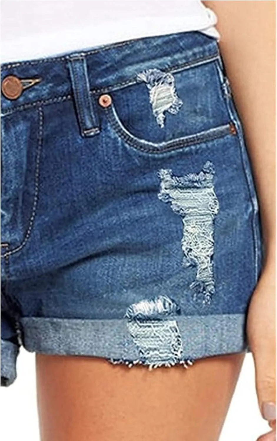 Women's Ripped Denim Jean Shorts Rolled Hem Distressed Jeans High Waisted Stretchy Folded Hem Short Jeans