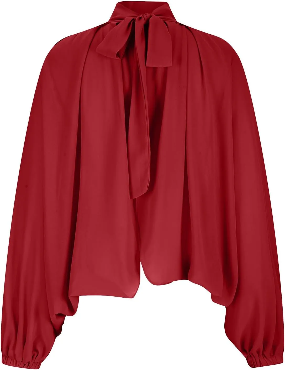 Womens Sexy See-Through Chiffon Sheer Lantern Sleeve Front Back Open Tie High Neck Shawl Party Shirts Blouses Tops
