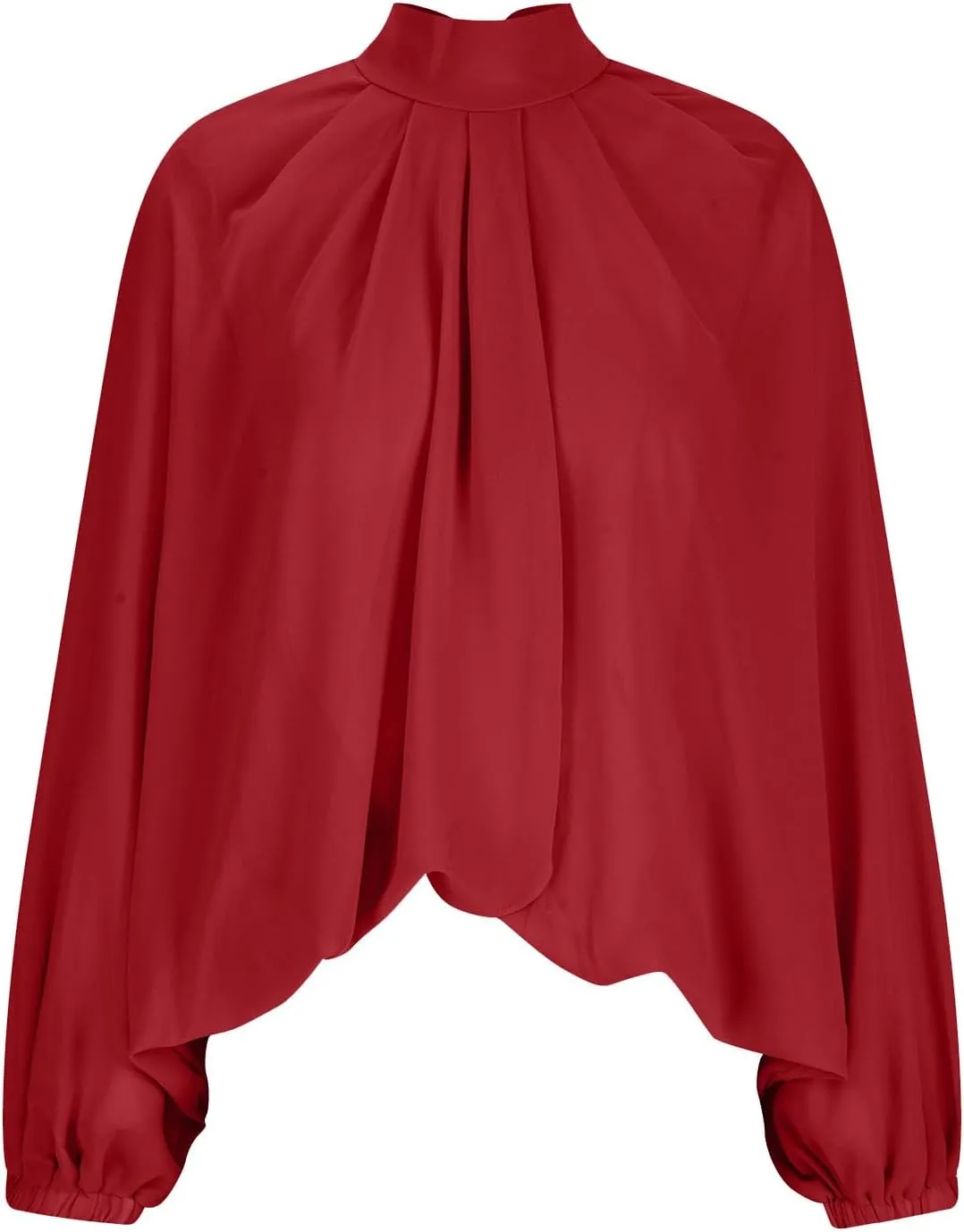 Womens Sexy See-Through Chiffon Sheer Lantern Sleeve Front Back Open Tie High Neck Shawl Party Shirts Blouses Tops