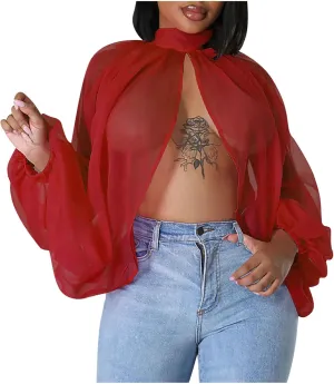 Womens Sexy See-Through Chiffon Sheer Lantern Sleeve Front Back Open Tie High Neck Shawl Party Shirts Blouses Tops