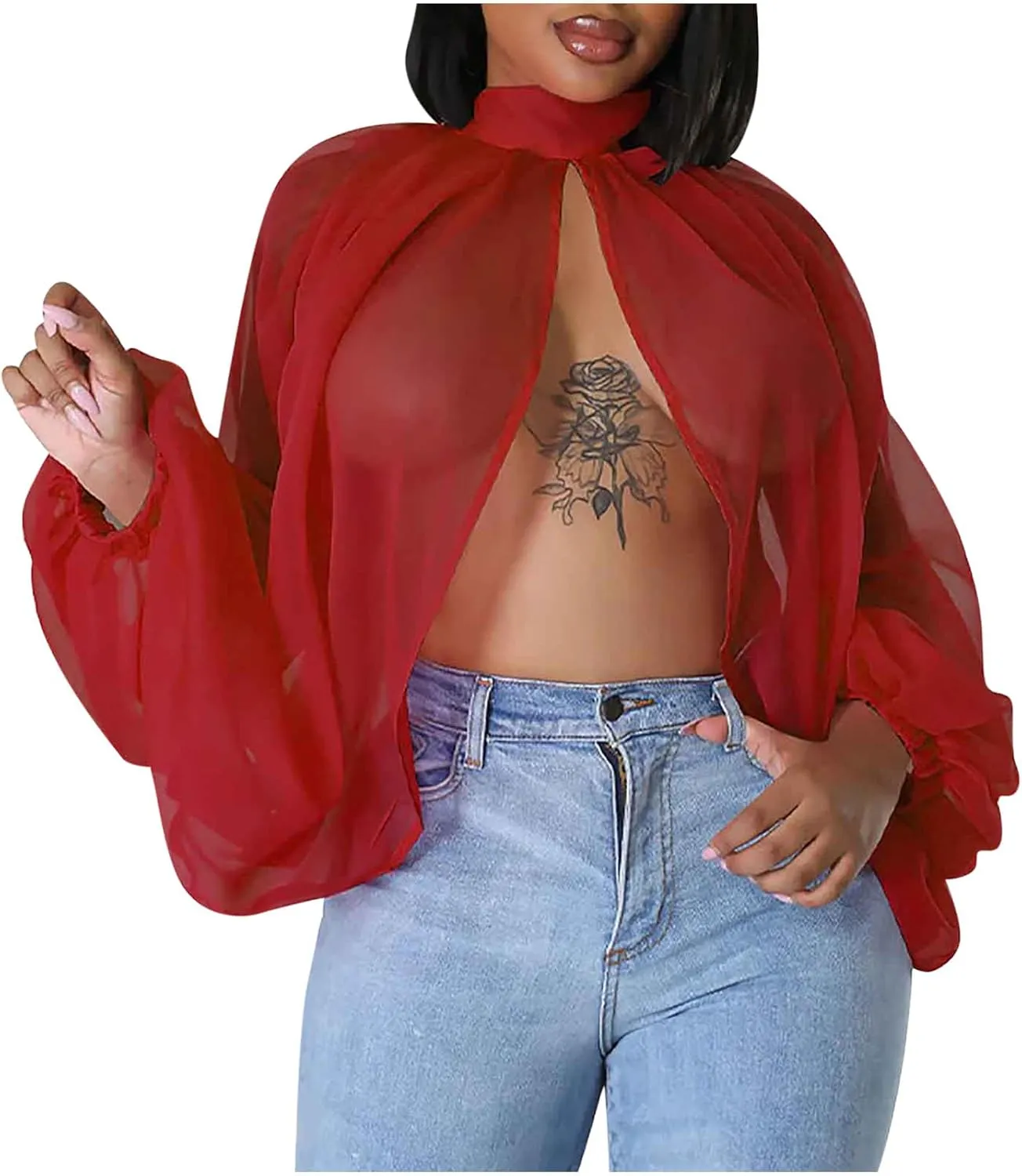 Womens Sexy See-Through Chiffon Sheer Lantern Sleeve Front Back Open Tie High Neck Shawl Party Shirts Blouses Tops