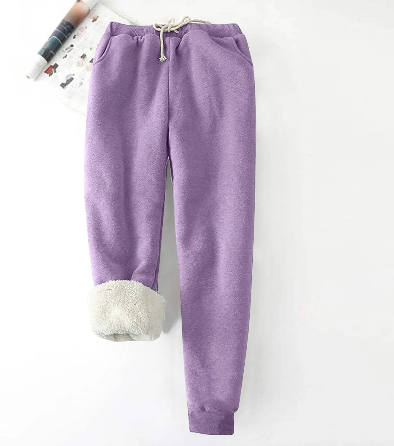Women's Sherpa Fleece Lined Thicken Joggers Casual Solid Drawstring Waist Cinch Bottom Sweatpants Comfy Warm Home Loungewear