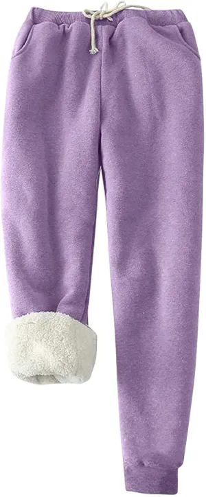 Women's Sherpa Fleece Lined Thicken Joggers Casual Solid Drawstring Waist Cinch Bottom Sweatpants Comfy Warm Home Loungewear