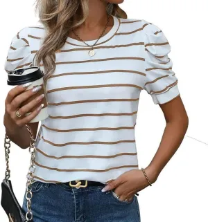 Women's Short Puff Sleeve Summer Tops Trendy Crewneck Striped Shirts Casual Pullover Blouses