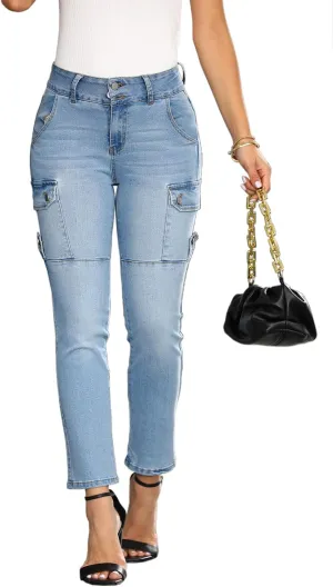 Women's Skinny Jeans High Waisted Stretch Slim Fit Casual Flap Pocket Butt Lifting Denim Cargo Pants