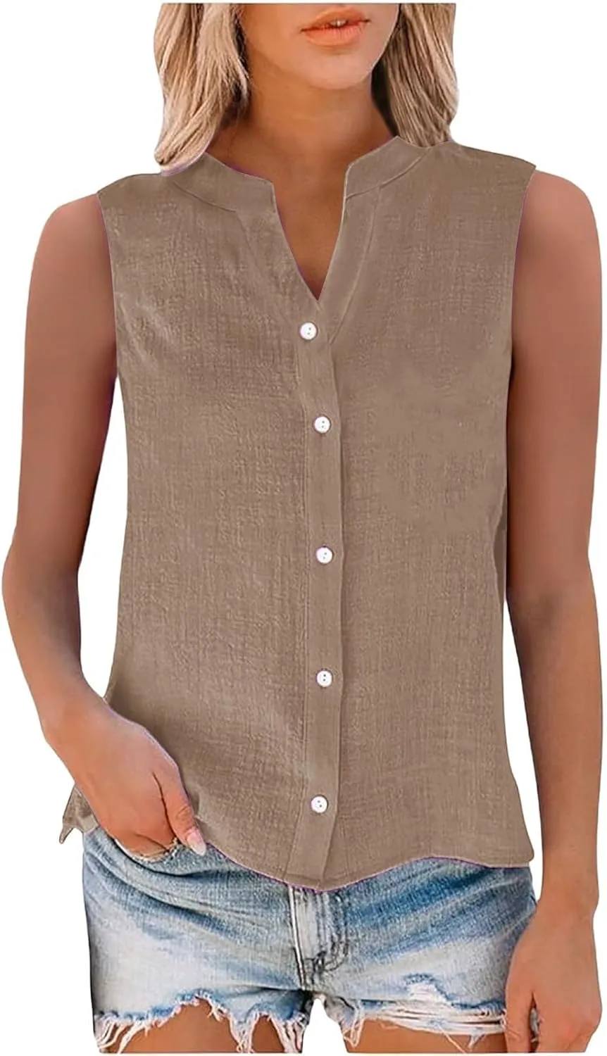 Womens Sleeveless Button Down Shirts Cotton Linen V Neck Blouses Solid Color Casual Work Tank Tops Plus Size Tunics