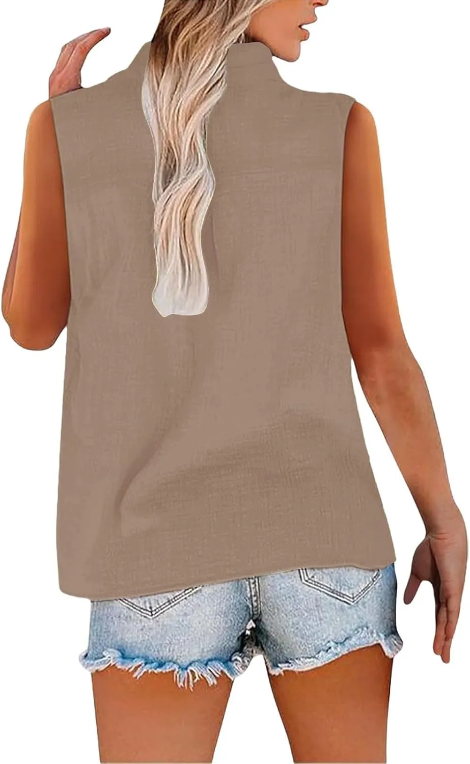 Womens Sleeveless Button Down Shirts Cotton Linen V Neck Blouses Solid Color Casual Work Tank Tops Plus Size Tunics