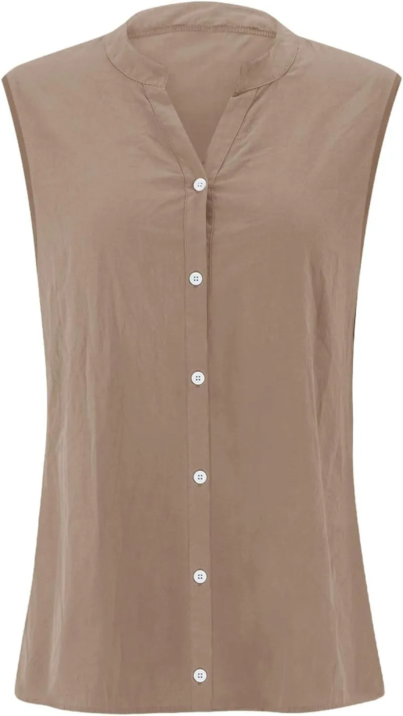 Womens Sleeveless Button Down Shirts Cotton Linen V Neck Blouses Solid Color Casual Work Tank Tops Plus Size Tunics