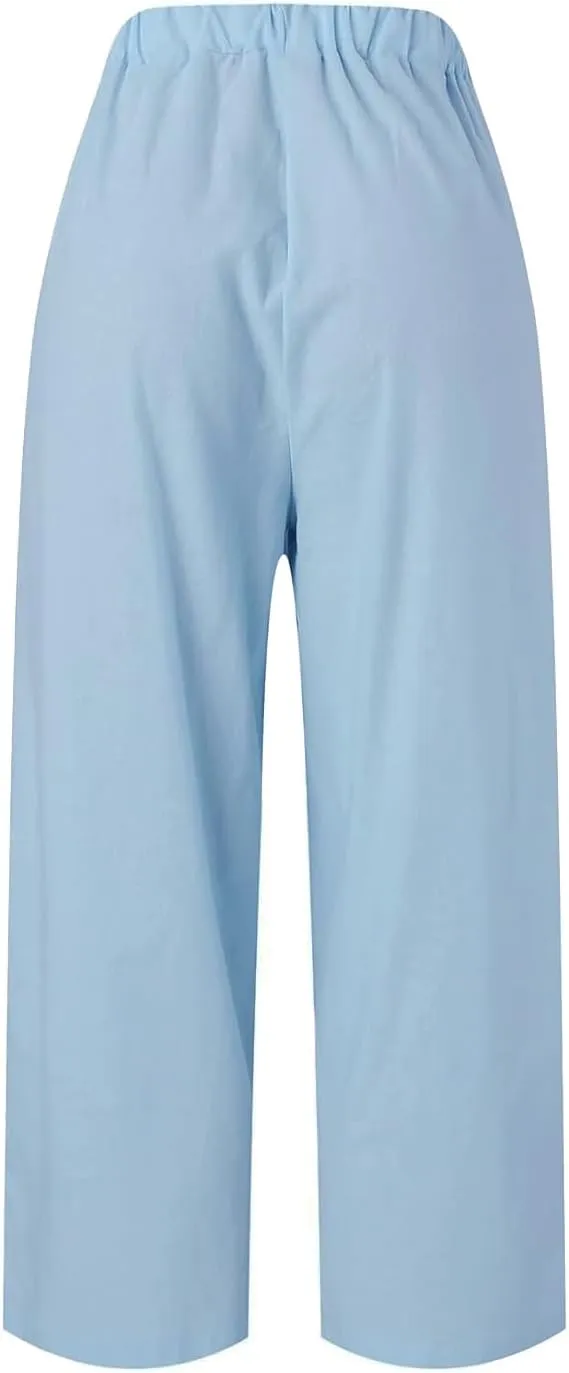 Womens Straight Leg Pants Lightweight Breathable Cotton Linen Pant Fashion Elastic Waist Solid Color Casual Pants