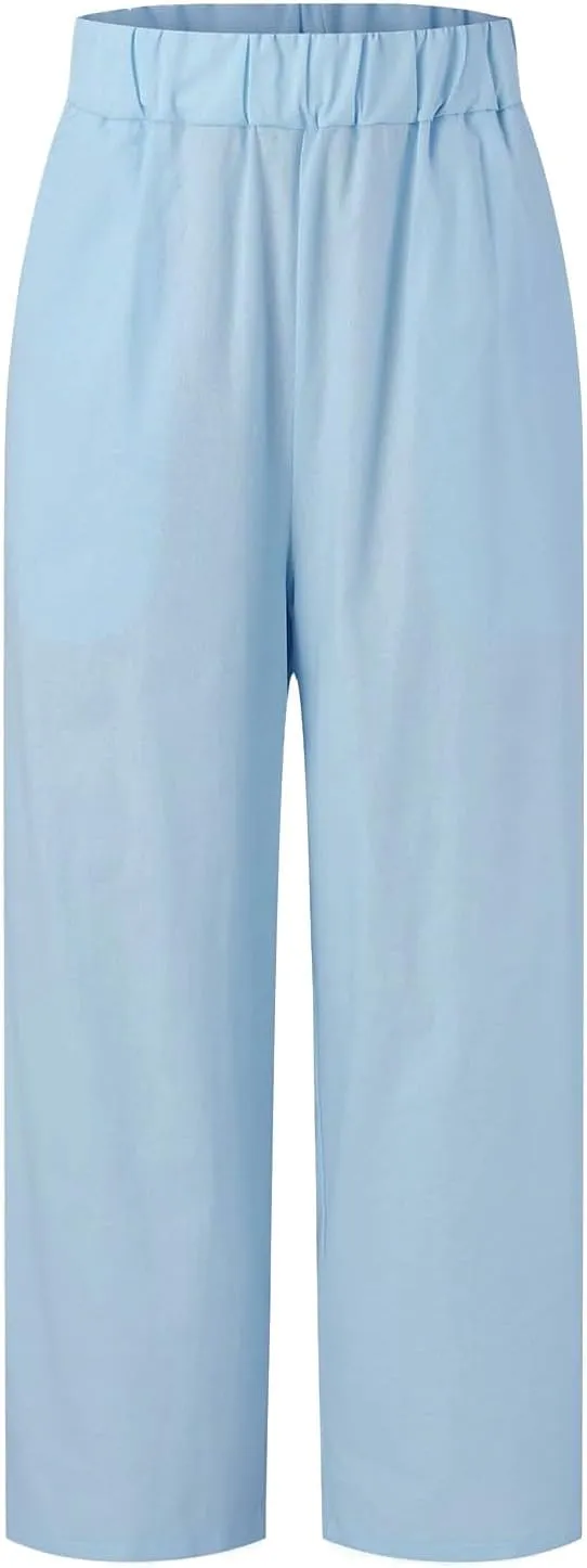 Womens Straight Leg Pants Lightweight Breathable Cotton Linen Pant Fashion Elastic Waist Solid Color Casual Pants