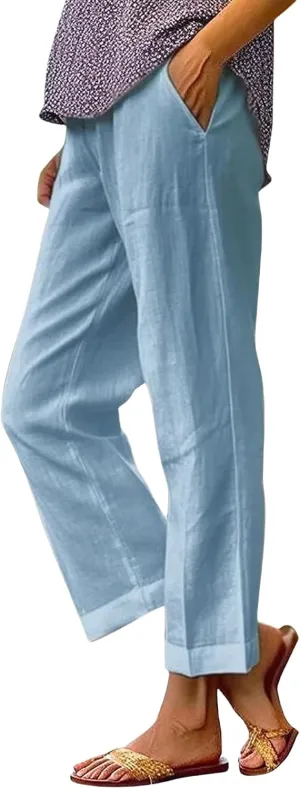 Womens Straight Leg Pants Lightweight Breathable Cotton Linen Pant Fashion Elastic Waist Solid Color Casual Pants
