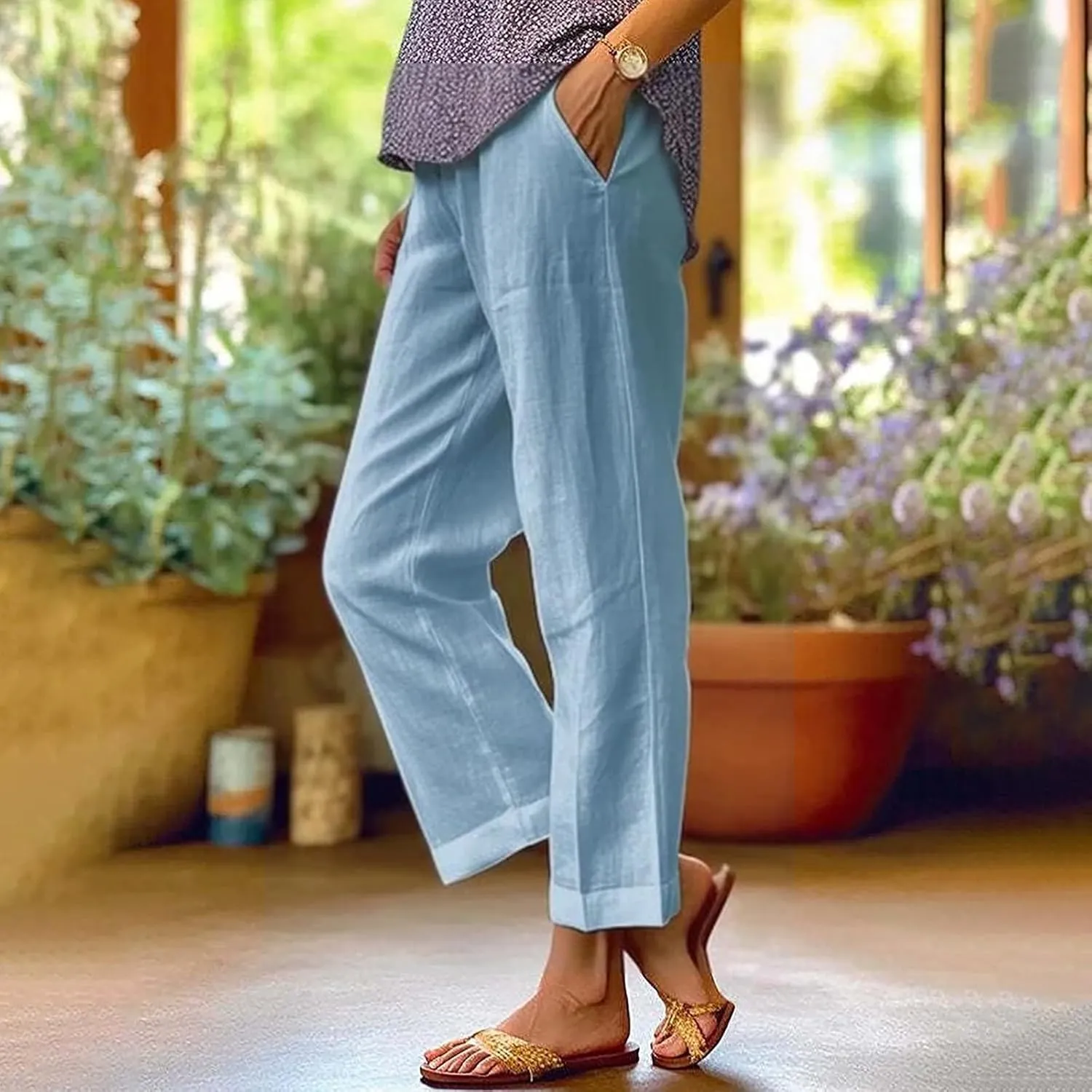 Womens Straight Leg Pants Lightweight Breathable Cotton Linen Pant Fashion Elastic Waist Solid Color Casual Pants