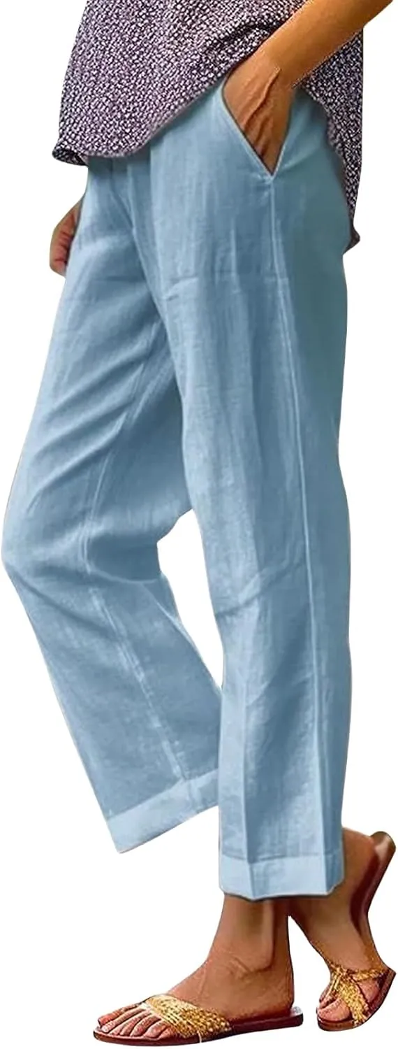 Womens Straight Leg Pants Lightweight Breathable Cotton Linen Pant Fashion Elastic Waist Solid Color Casual Pants