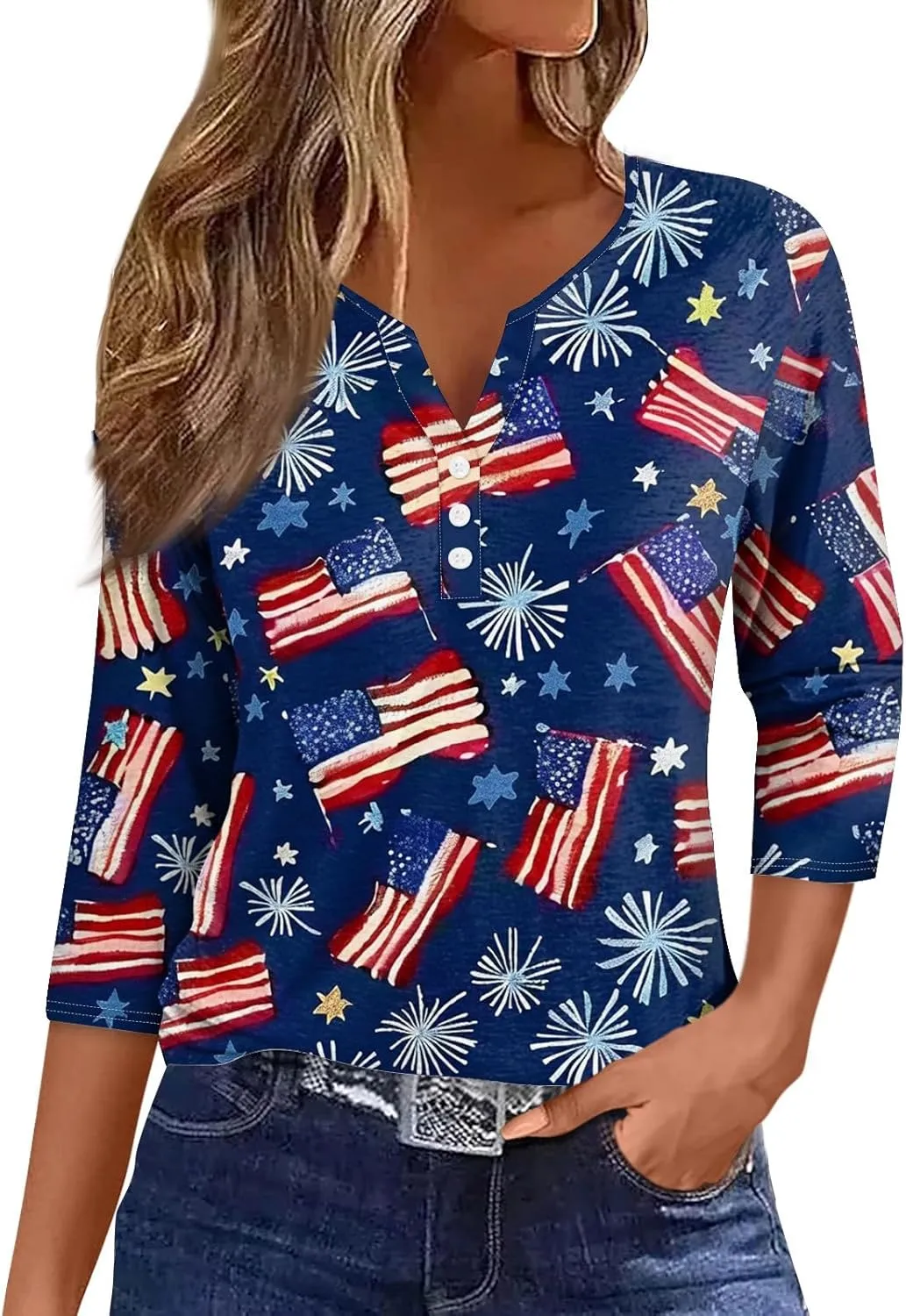 Womens Summer Tops Patriotic 4th of July V Neck 3/4 Sleeve Casual Tshirts Comfortable Soft Fabric Shirts