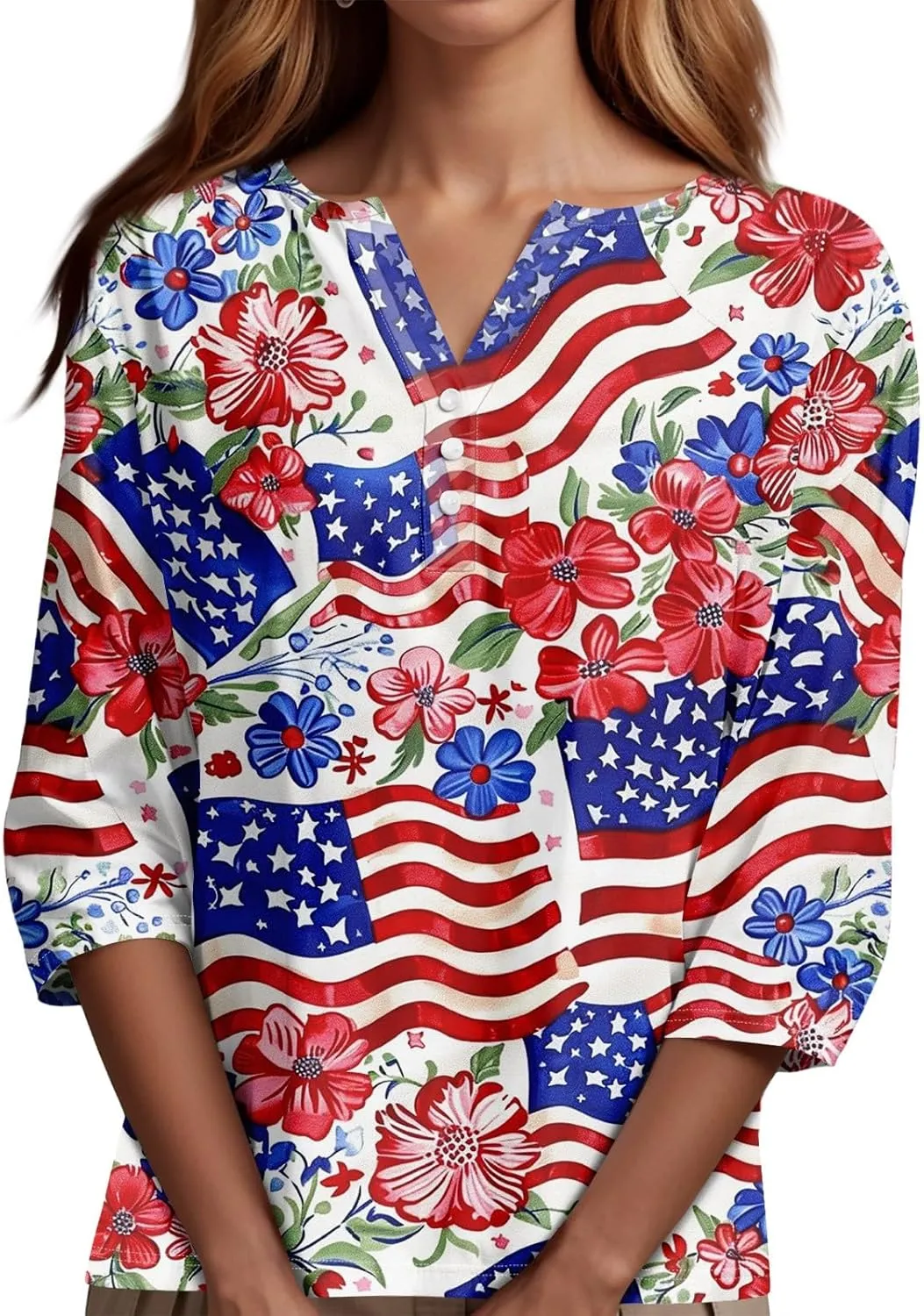Womens Summer Tops Patriotic 4th of July V Neck 3/4 Sleeve Casual Tshirts Comfortable Soft Fabric Shirts