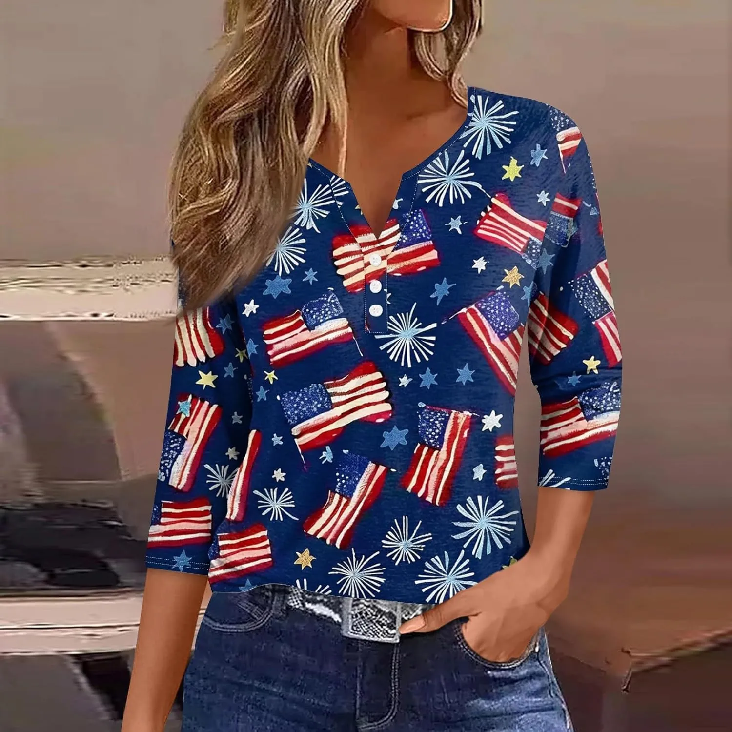 Womens Summer Tops Patriotic 4th of July V Neck 3/4 Sleeve Casual Tshirts Comfortable Soft Fabric Shirts