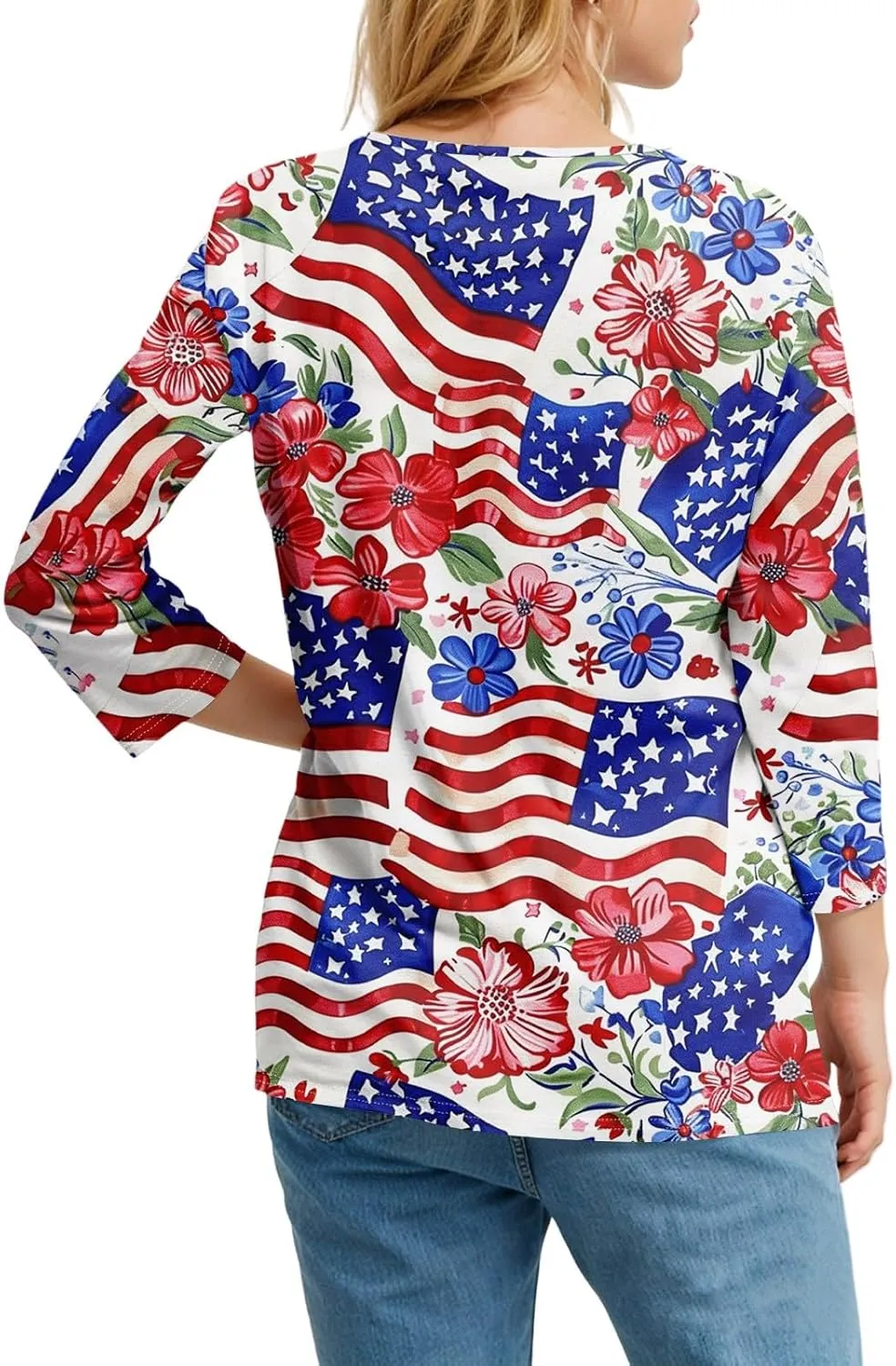 Womens Summer Tops Patriotic 4th of July V Neck 3/4 Sleeve Casual Tshirts Comfortable Soft Fabric Shirts