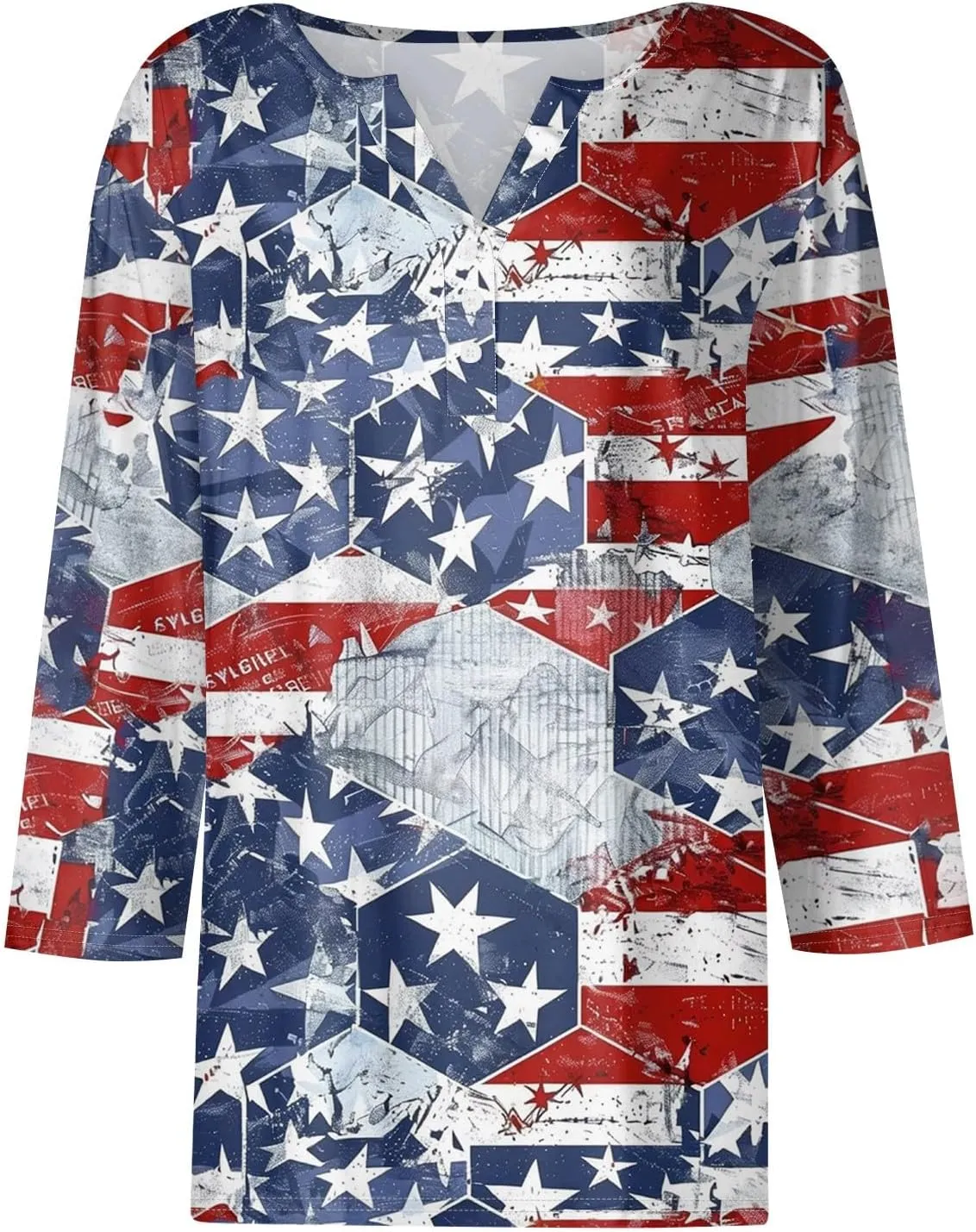 Womens Summer Tops Patriotic 4th of July V Neck 3/4 Sleeve Casual Tshirts Comfortable Soft Fabric Shirts