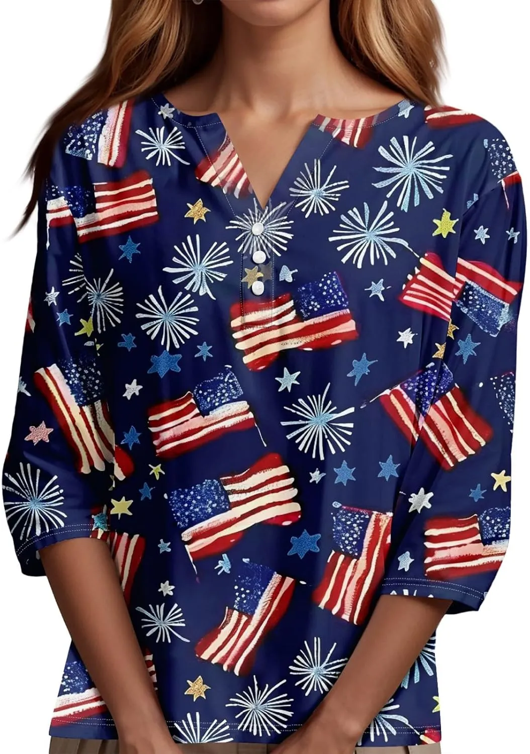 Womens Summer Tops Patriotic 4th of July V Neck 3/4 Sleeve Casual Tshirts Comfortable Soft Fabric Shirts