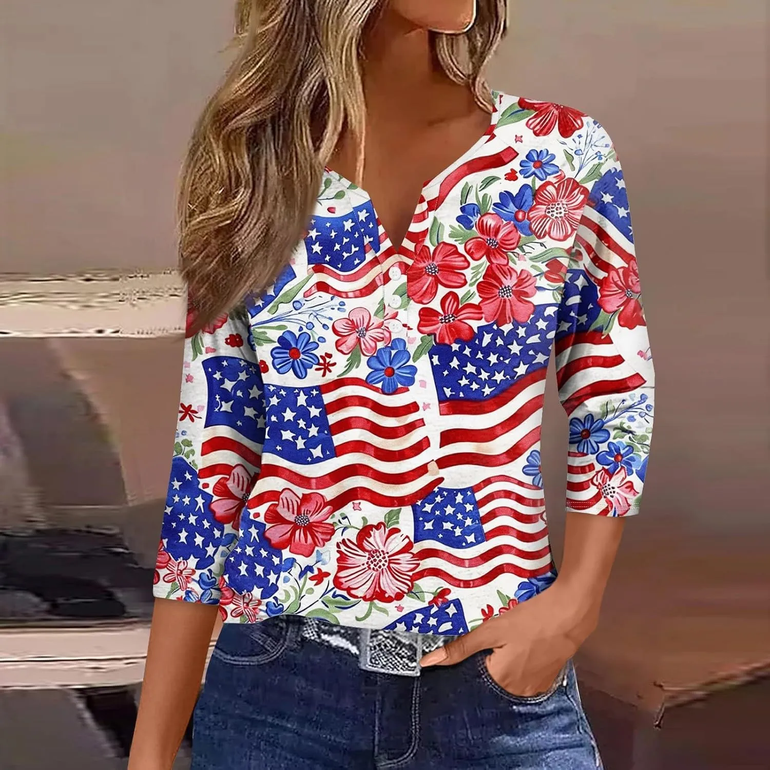 Womens Summer Tops Patriotic 4th of July V Neck 3/4 Sleeve Casual Tshirts Comfortable Soft Fabric Shirts