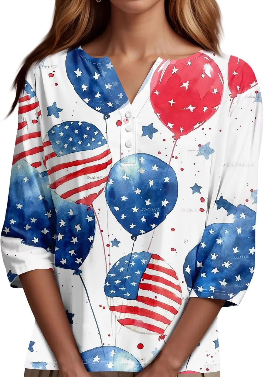 Womens Summer Tops Patriotic 4th of July V Neck 3/4 Sleeve Casual Tshirts Comfortable Soft Fabric Shirts
