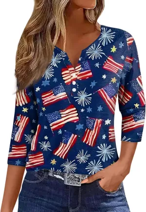 Womens Summer Tops Patriotic 4th of July V Neck 3/4 Sleeve Casual Tshirts Comfortable Soft Fabric Shirts