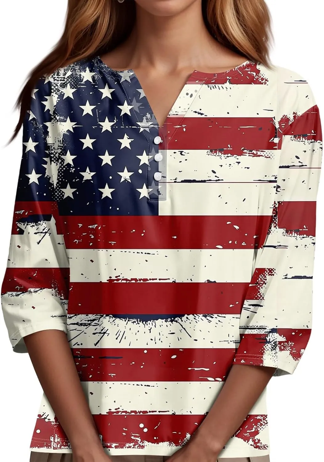 Womens Summer Tops Patriotic 4th of July V Neck 3/4 Sleeve Casual Tshirts Comfortable Soft Fabric Shirts