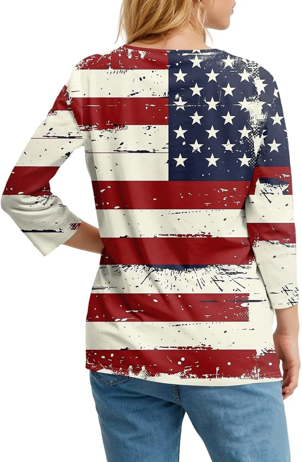 Womens Summer Tops Patriotic 4th of July V Neck 3/4 Sleeve Casual Tshirts Comfortable Soft Fabric Shirts