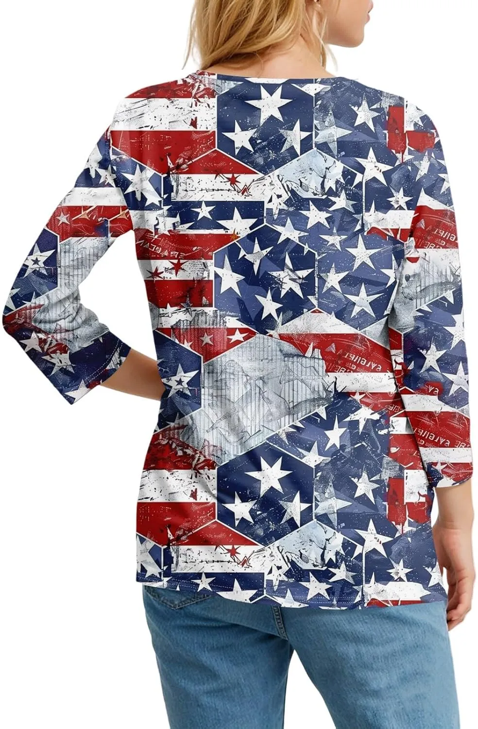 Womens Summer Tops Patriotic 4th of July V Neck 3/4 Sleeve Casual Tshirts Comfortable Soft Fabric Shirts