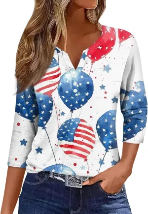 Womens Summer Tops Patriotic 4th of July V Neck 3/4 Sleeve Casual Tshirts Comfortable Soft Fabric Shirts