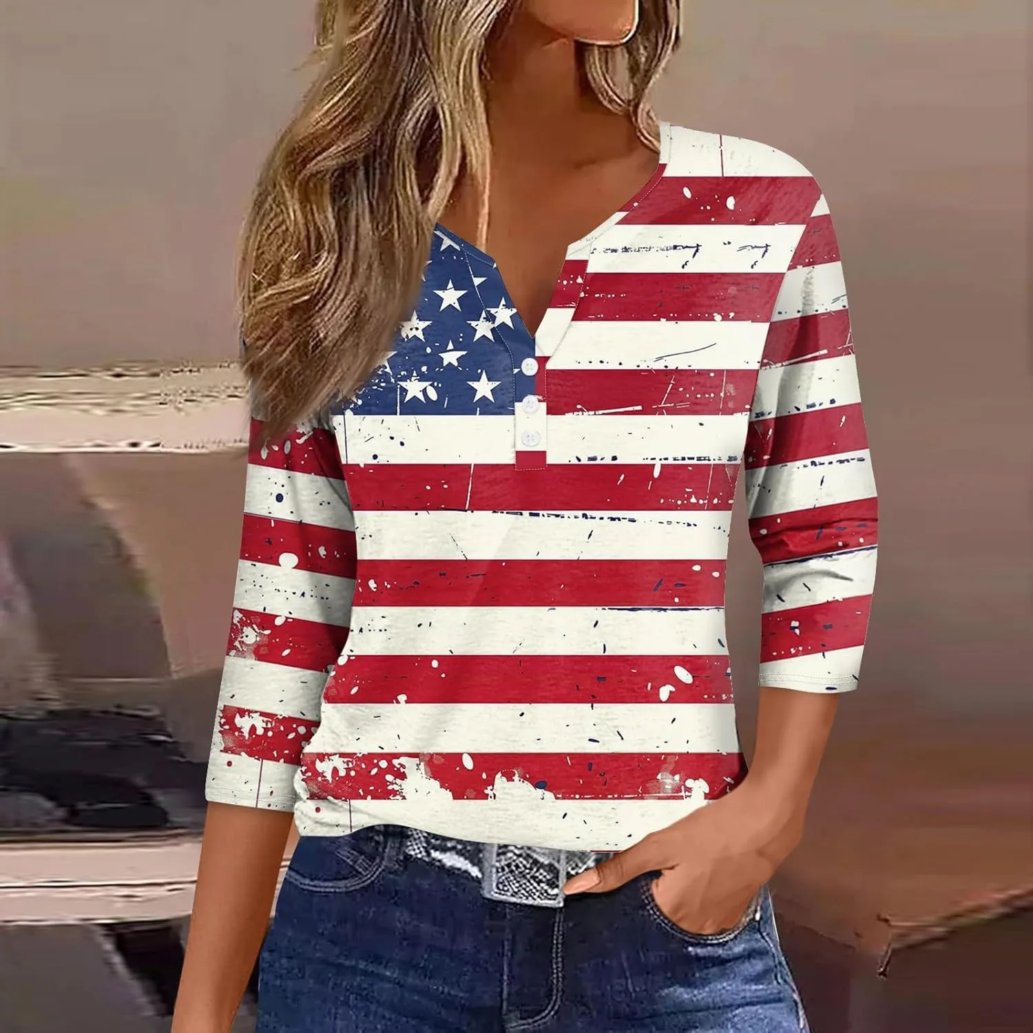 Womens Summer Tops Patriotic 4th of July V Neck 3/4 Sleeve Casual Tshirts Comfortable Soft Fabric Shirts