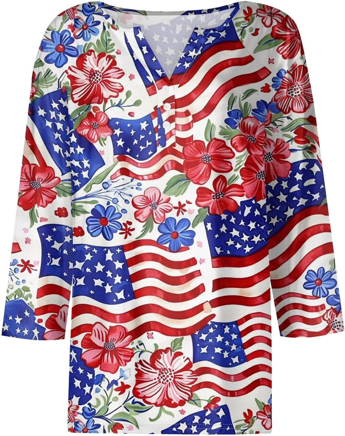 Womens Summer Tops Patriotic 4th of July V Neck 3/4 Sleeve Casual Tshirts Comfortable Soft Fabric Shirts