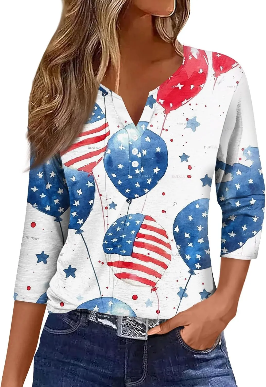 Womens Summer Tops Patriotic 4th of July V Neck 3/4 Sleeve Casual Tshirts Comfortable Soft Fabric Shirts