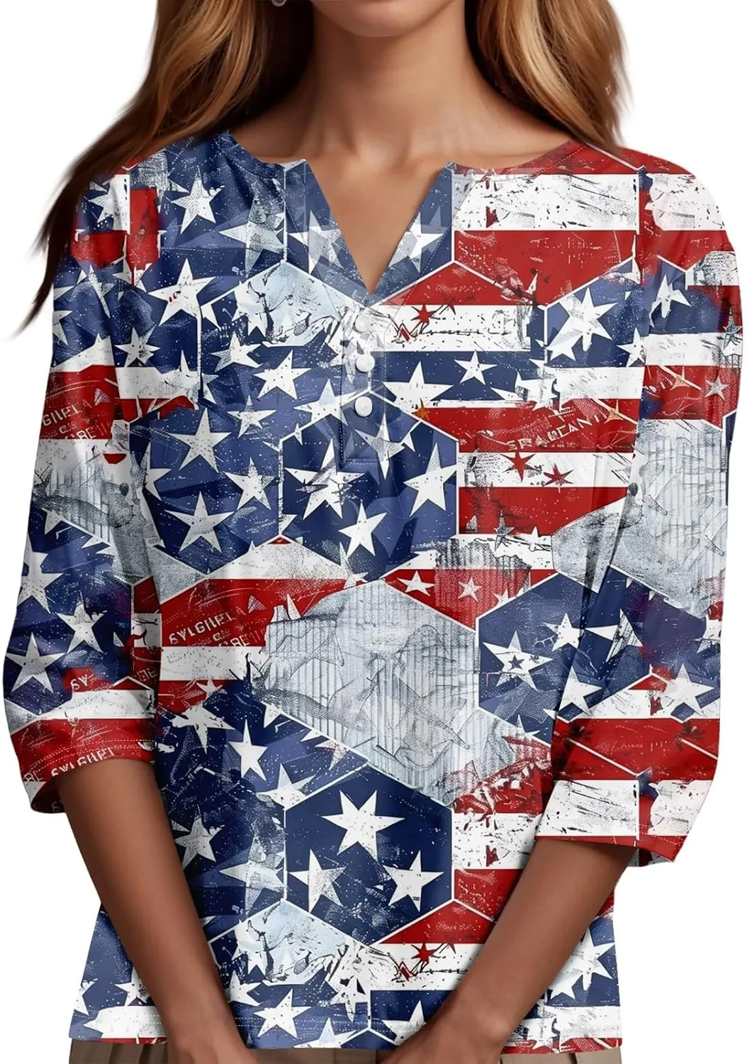 Womens Summer Tops Patriotic 4th of July V Neck 3/4 Sleeve Casual Tshirts Comfortable Soft Fabric Shirts