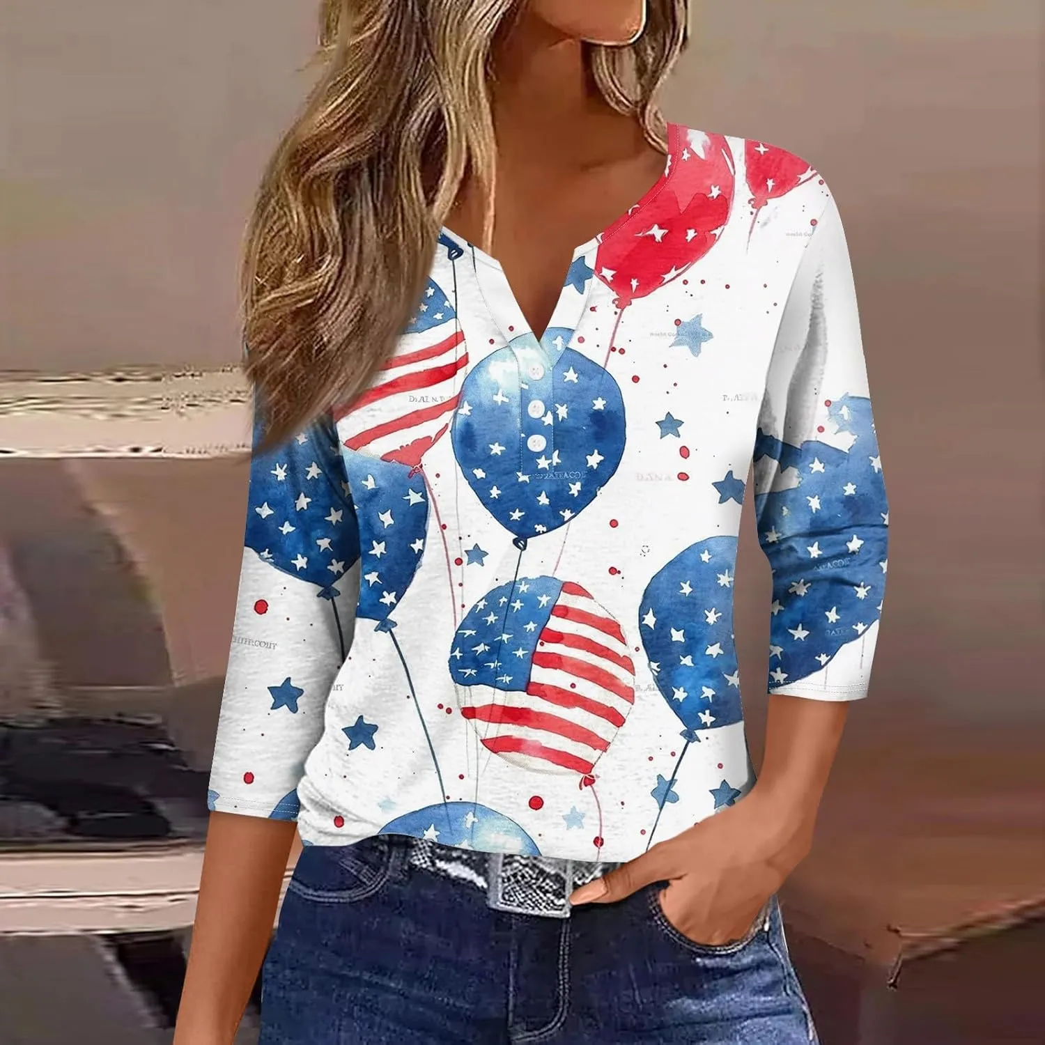 Womens Summer Tops Patriotic 4th of July V Neck 3/4 Sleeve Casual Tshirts Comfortable Soft Fabric Shirts