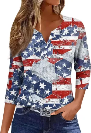 Womens Summer Tops Patriotic 4th of July V Neck 3/4 Sleeve Casual Tshirts Comfortable Soft Fabric Shirts
