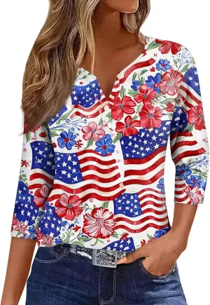 Womens Summer Tops Patriotic 4th of July V Neck 3/4 Sleeve Casual Tshirts Comfortable Soft Fabric Shirts